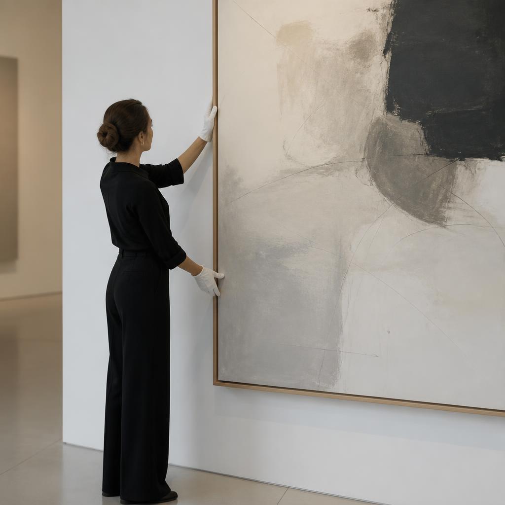 Curateur ajustant une œuvre dans une salle privée