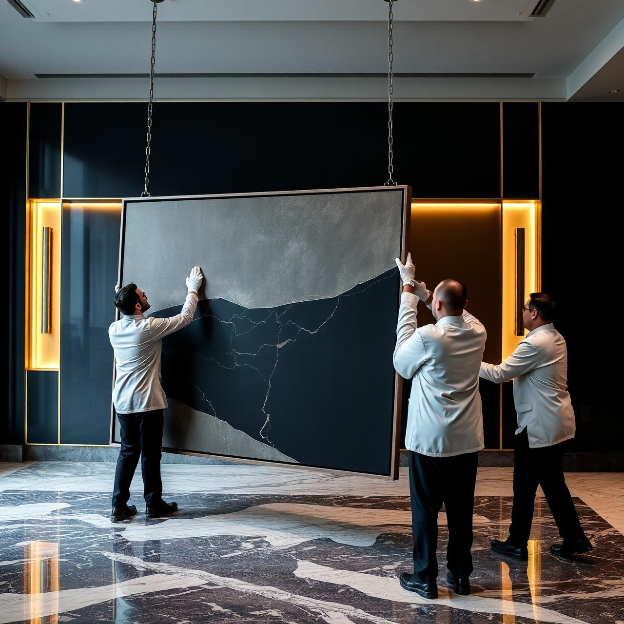 Installation d'une œuvre par des art handlers